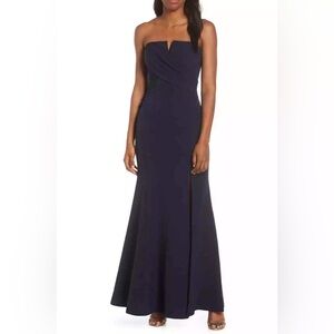 Vince Camuto Navy Strapless Criss Cross Gown.